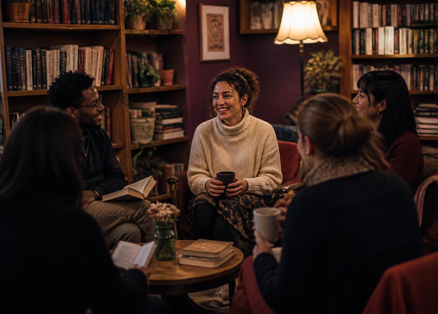 A small group of people talking over coffee and books in a warmly lit reading room