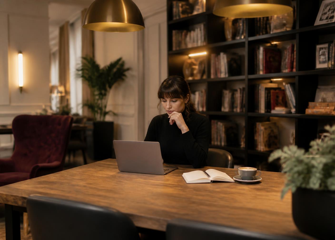 A person working on a laptop with a notebook and coffee at a wooden table beside tall bookshelves
